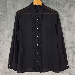 Womens Top Medium Black Ruffle Sheer Whimsigoth Victorian Dark Romantic Blouse